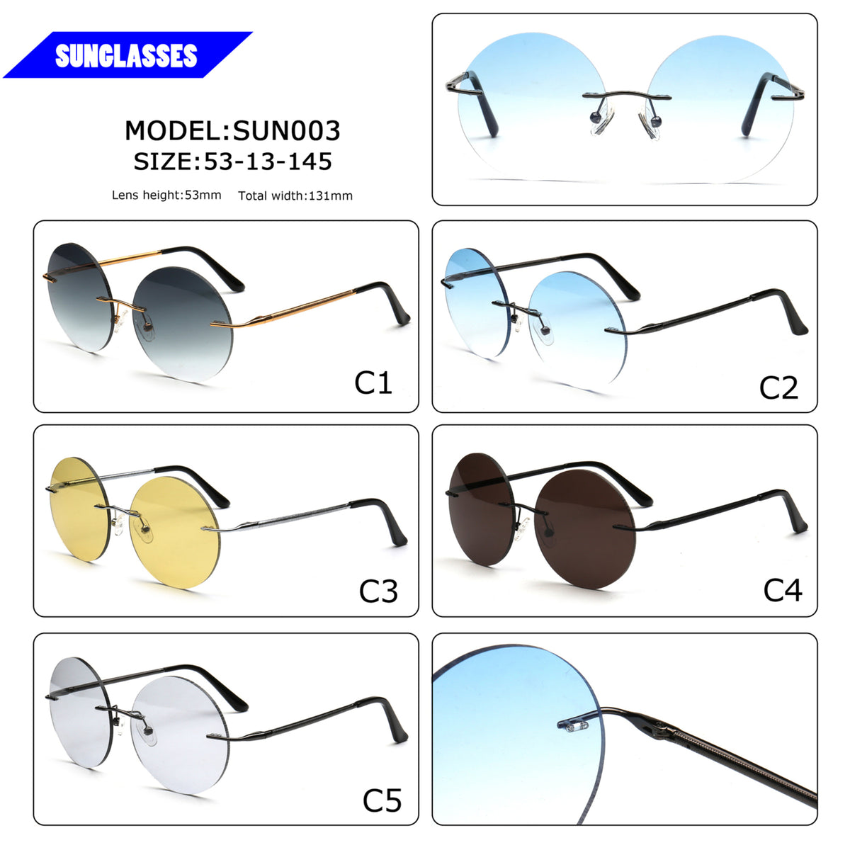 round rimless sunglasses color options and frame measurements