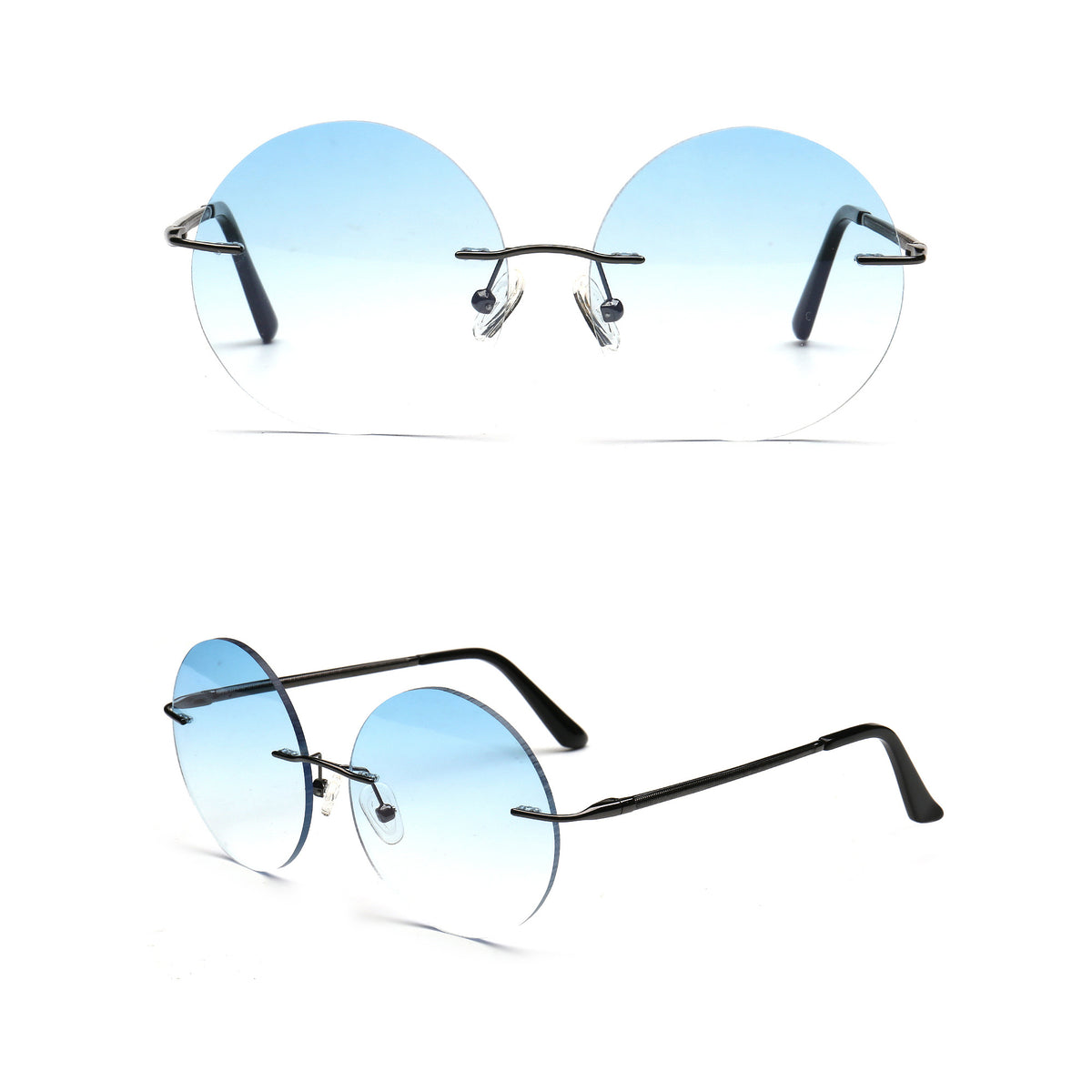 blue gradient round rimless UV400 sunglasses with gunmetal temples