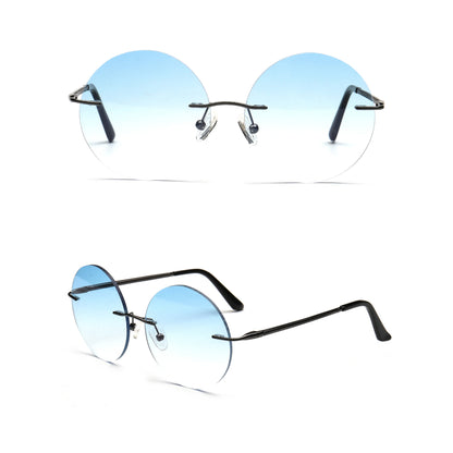 blue gradient round rimless UV400 sunglasses with gunmetal temples