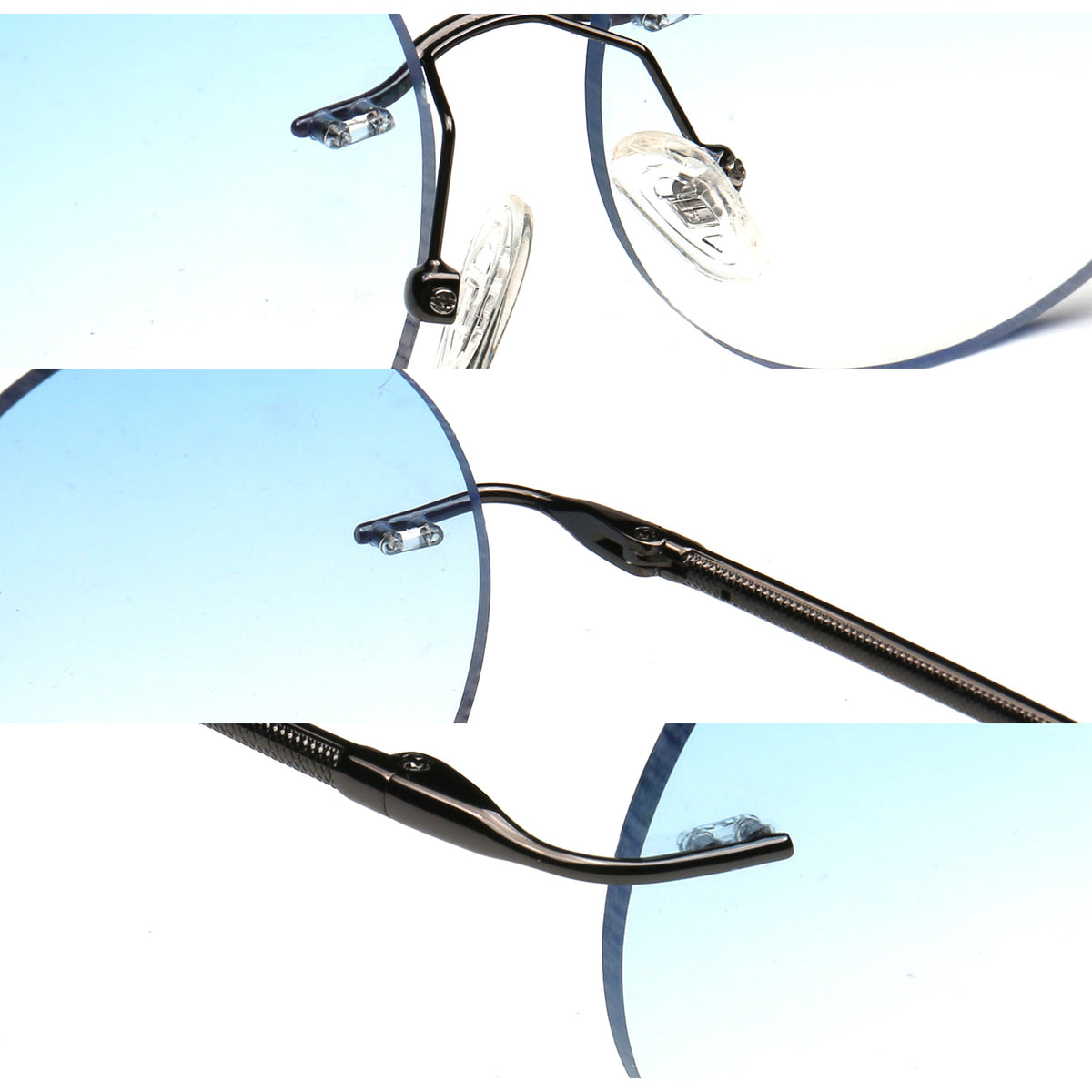 round rimless sunglasses with adjustable nose pads and metal temple details