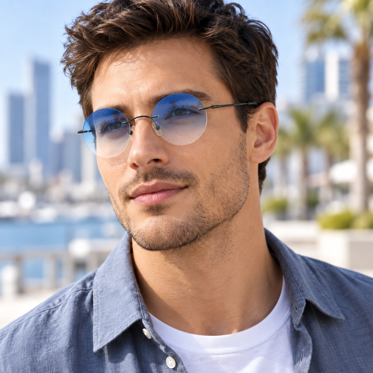 a man wearing round blue-tinted sunglasses with a gradient clear-to-blue lens and thin black metal frame