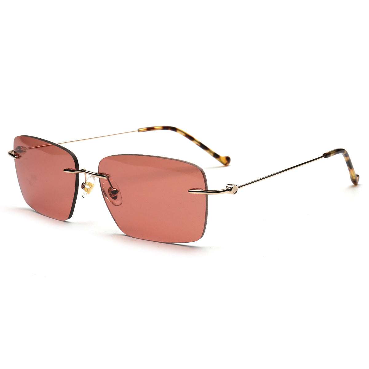 pink rectangle rimless sunglasses with gold metal temples