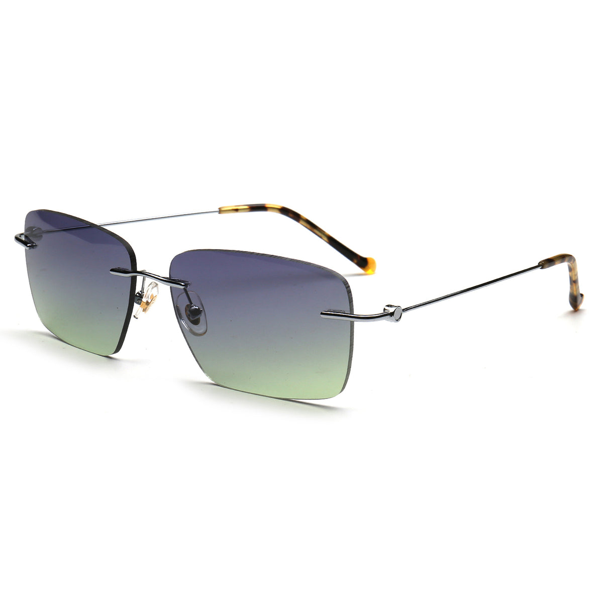 purple green gradient rectangle rimless sunglasses with silver metal temples