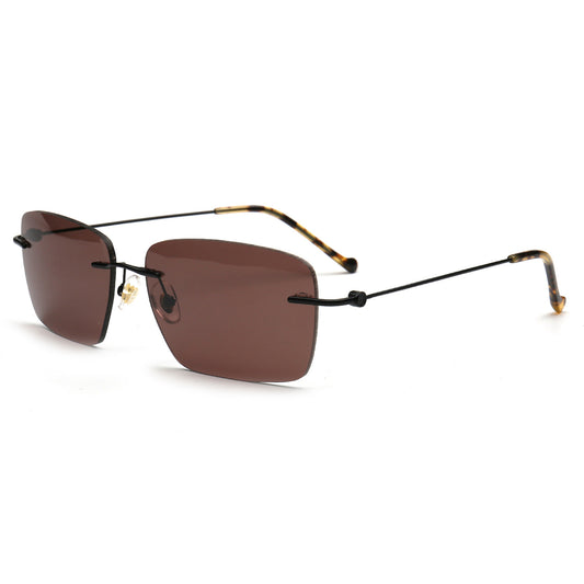brown rectangle rimless sunglasses with black metal temples
