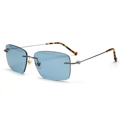 blue rectangle rimless sunglasses with silver metal temples