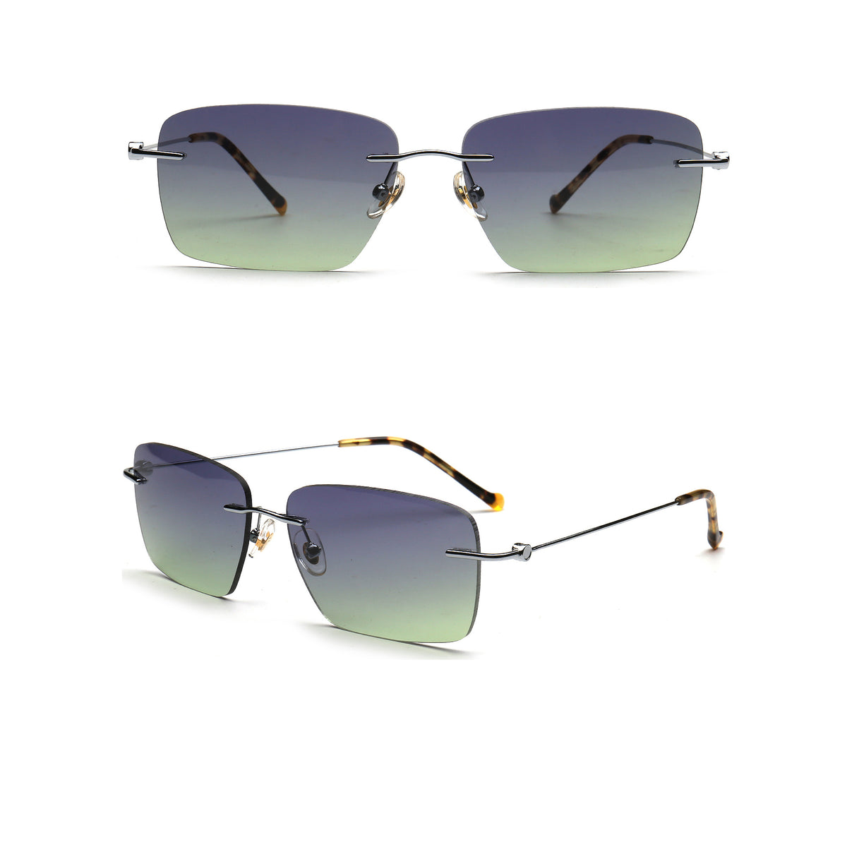 purple green gradient rectangle rimless sunglasses with silver metal temples