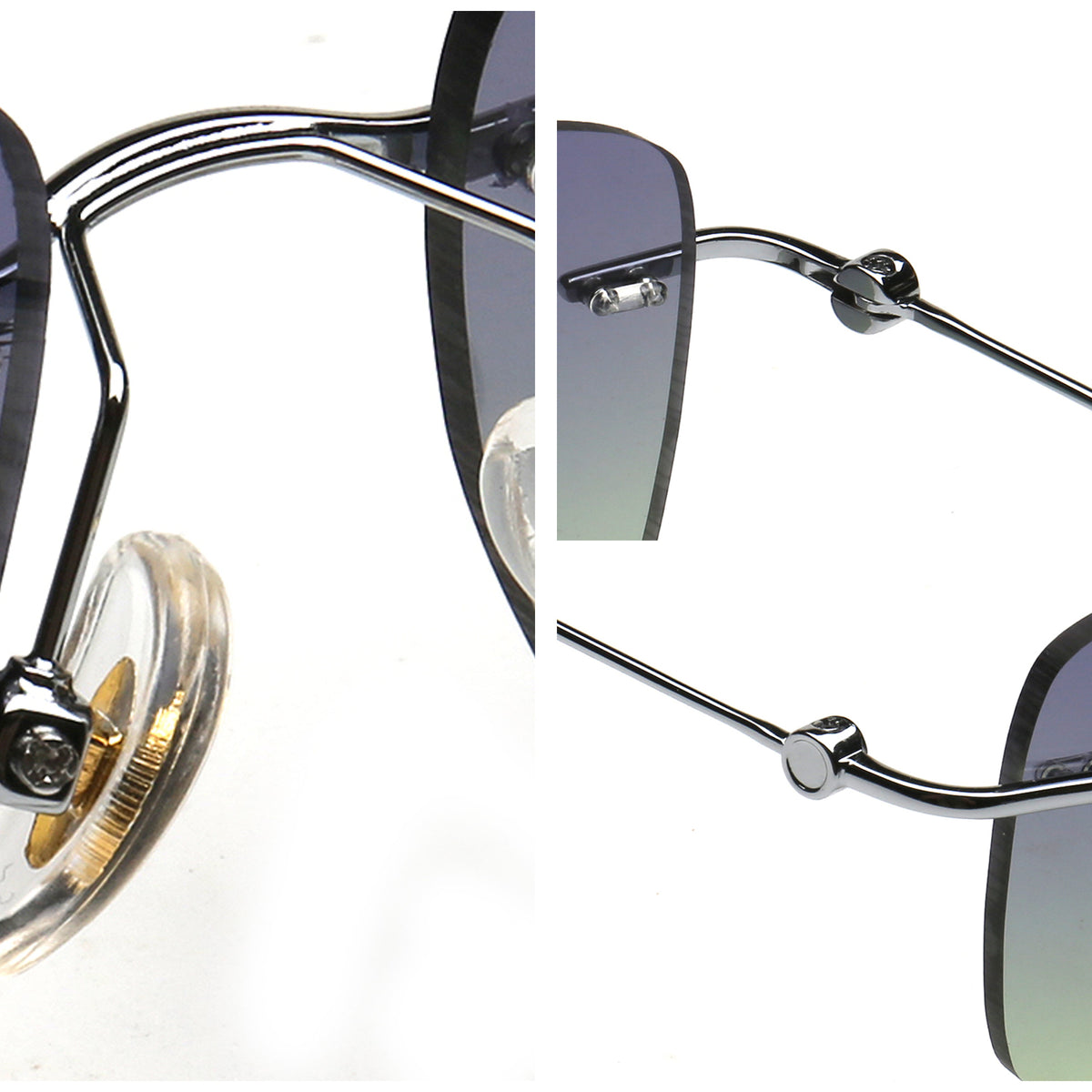 rectangle rimless sunglasses with adjustable nose pads and metal hinge details