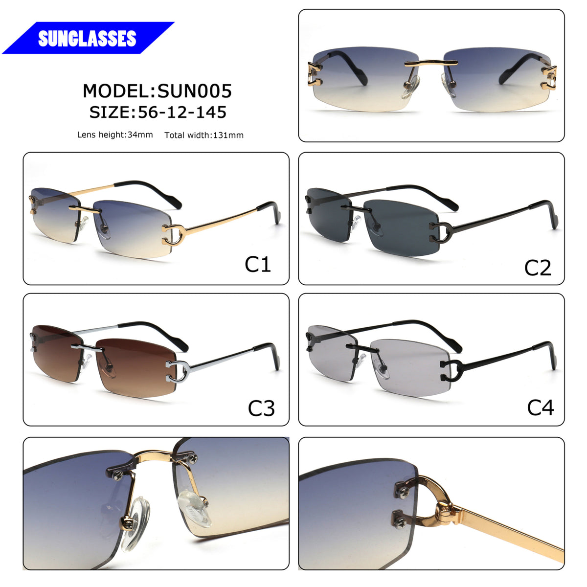SUN005 rimless sunglasses colors and size chart
