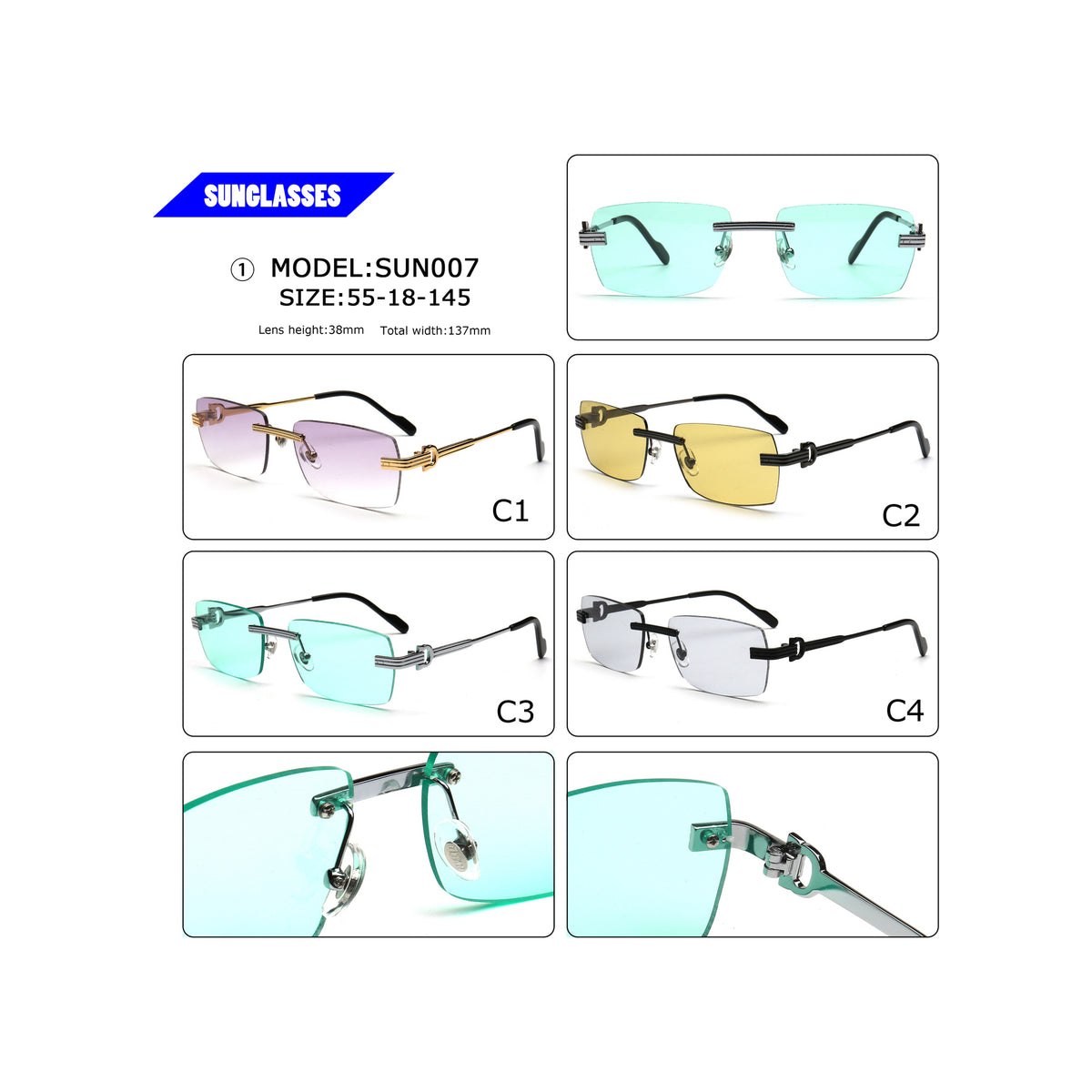 Rectangle rimless sunglasses in purple yellow green and gray with dimensions