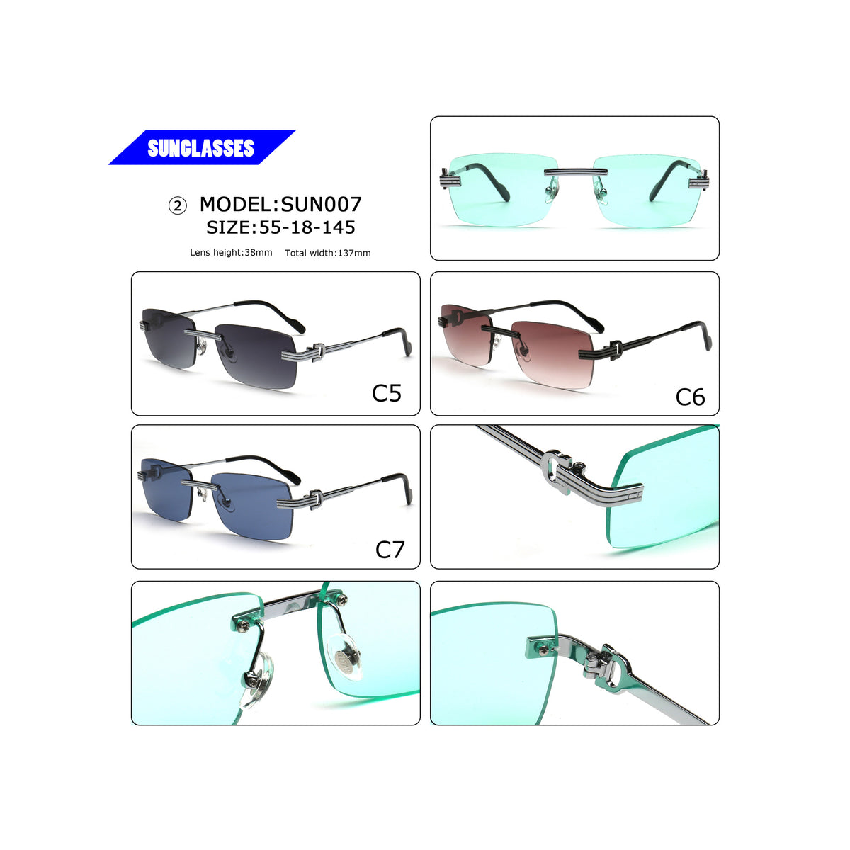 Rectangle rimless sunglasses in black brown and blue with metal temple details