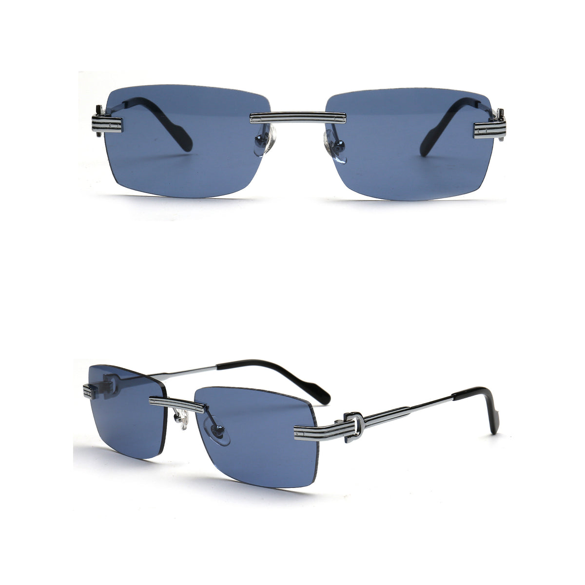 Y2K blue rectangle rimless nylon sunglasses with silver temples