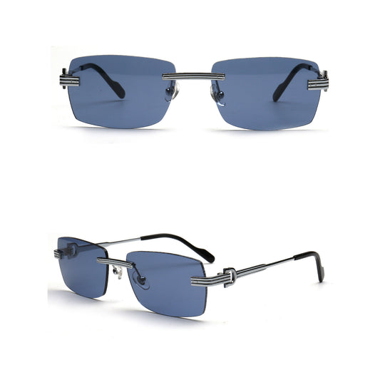 Y2K blue rectangle rimless nylon sunglasses with silver temples