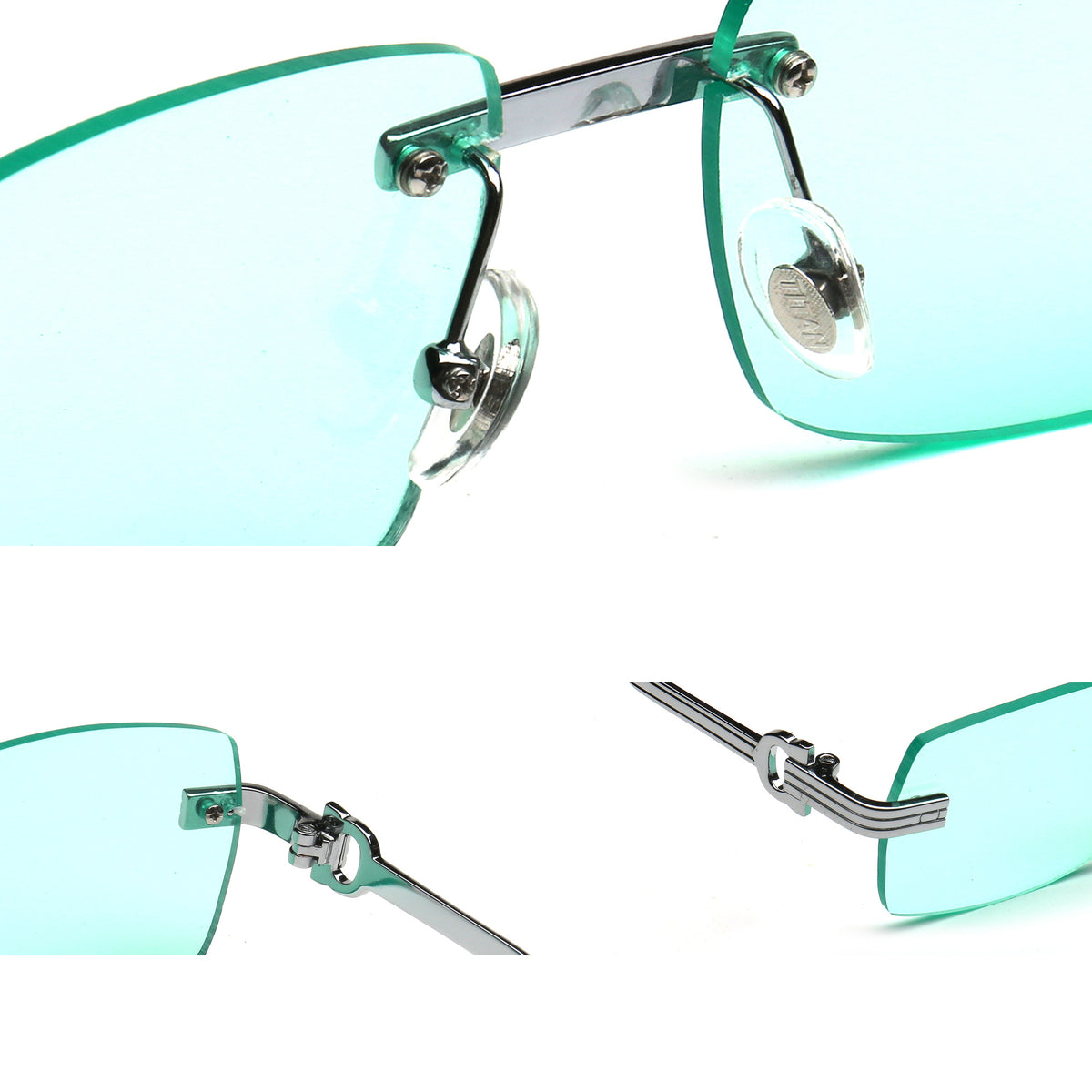 Rimless nylon sunglasses with adjustable nose pads and metal hinge details