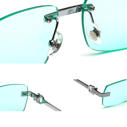 Rimless nylon sunglasses with adjustable nose pads and metal hinge details
