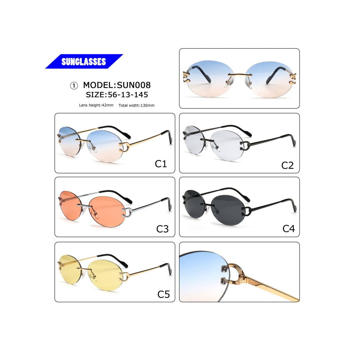 Round rimless sunglasses in gradient gray orange black and yellow with dimensions
