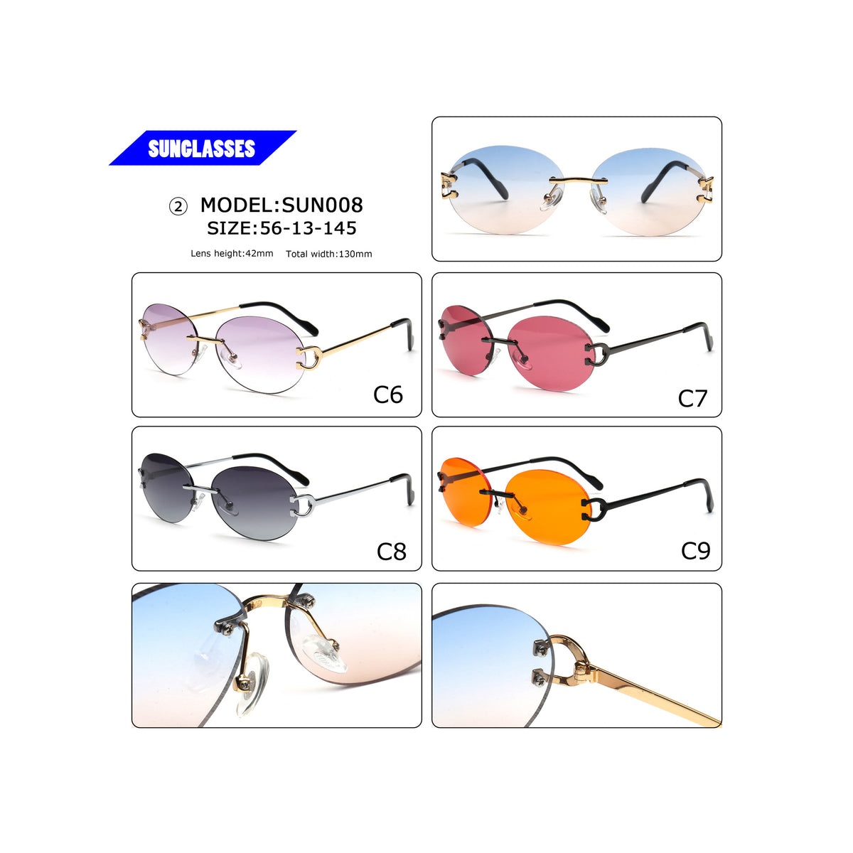Round rimless sunglasses in purple pink gray and orange with hinge details