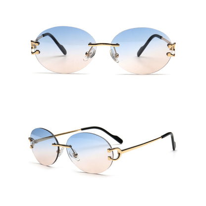 Y2K round rimless sunglasses with blue peach gradient lenses and gold temples