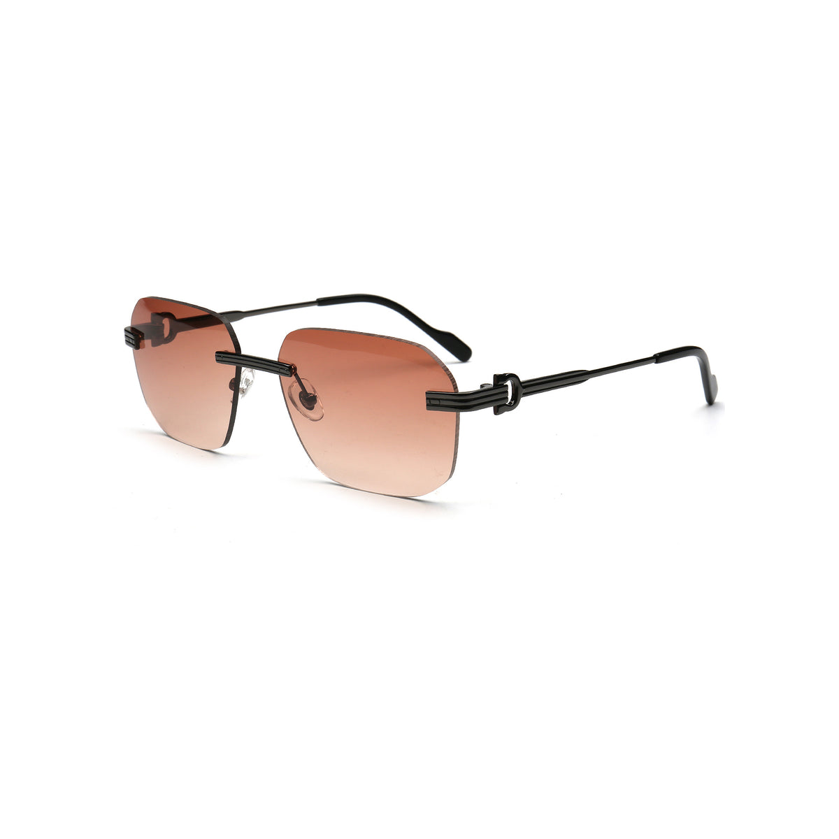 brown gradient square rimless sunglasses with black metal temples