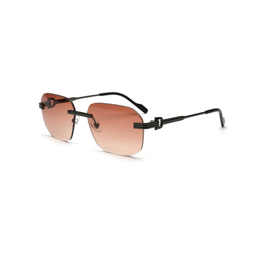 brown gradient square rimless sunglasses with black metal temples