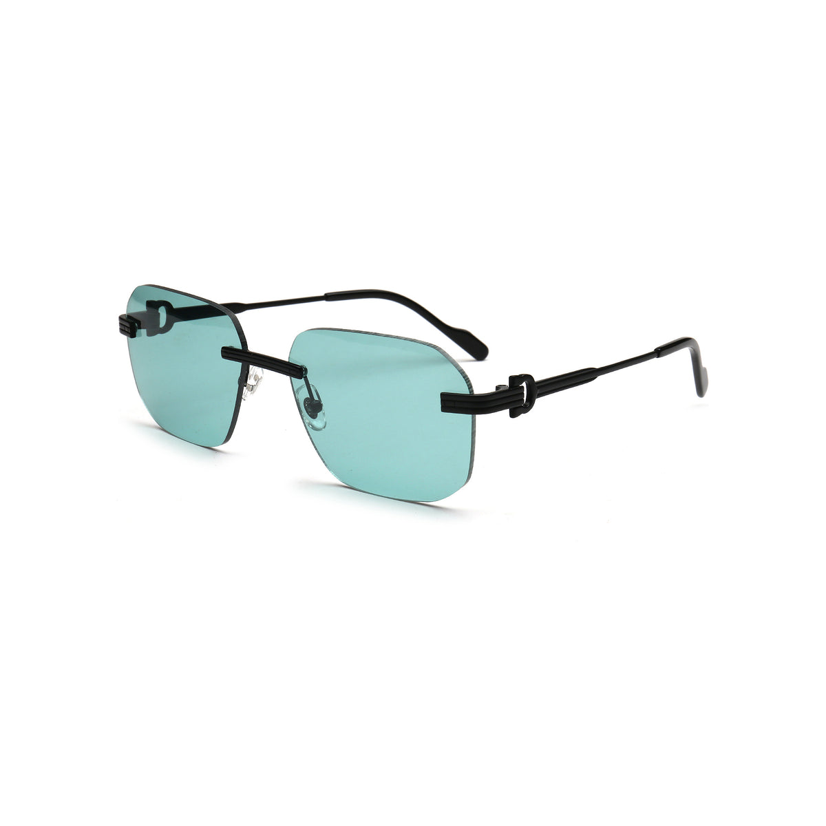 aqua blue square rimless sunglasses with black metal temples