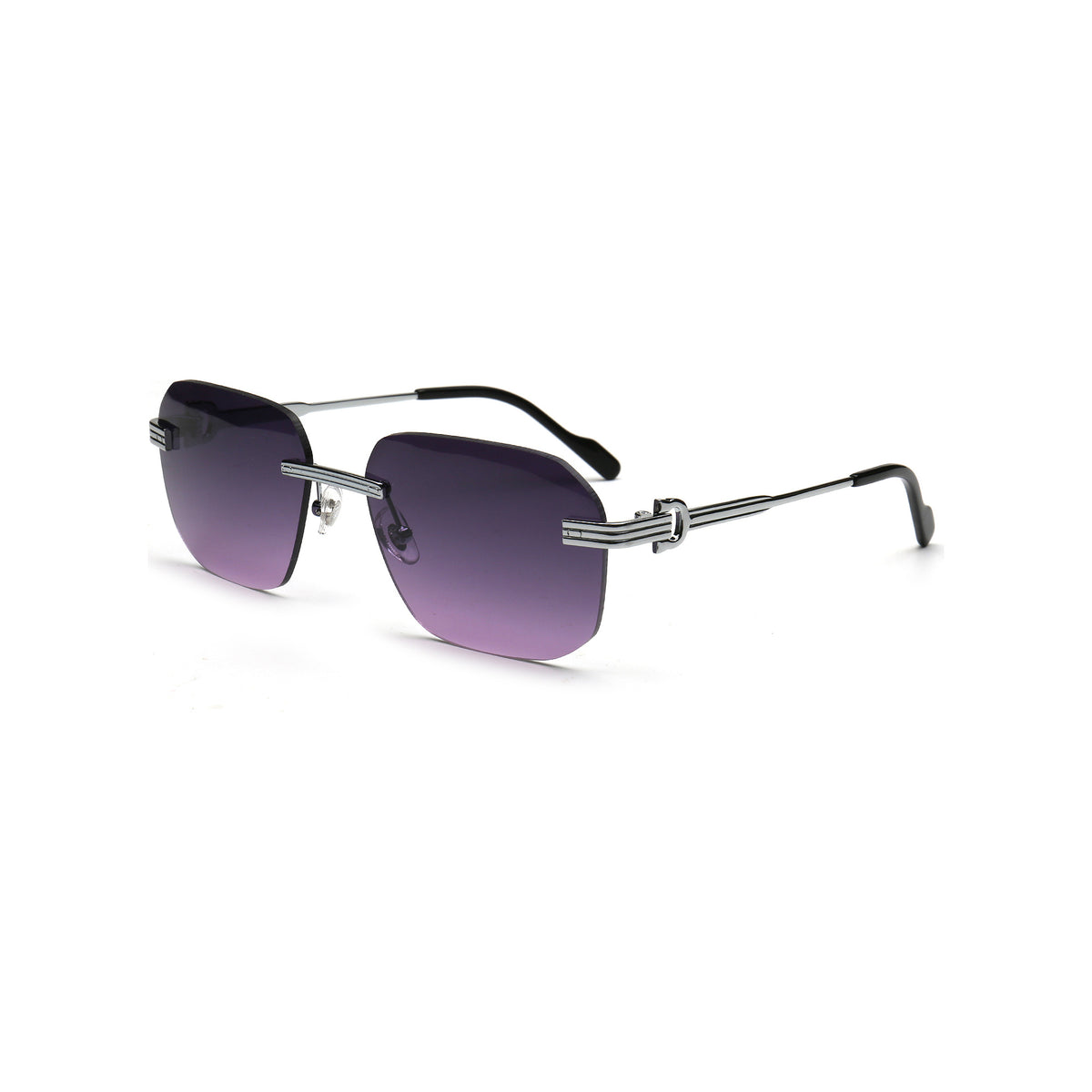 purple square rimless sunglasses with silver metal temples