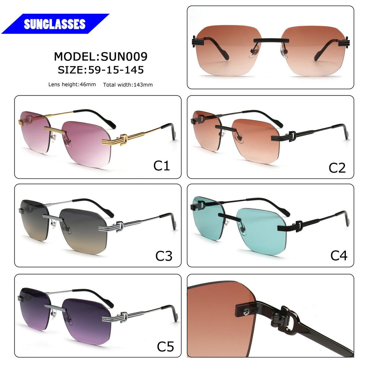 Square rimless sunglasses  SIZE:59-15-145, 
