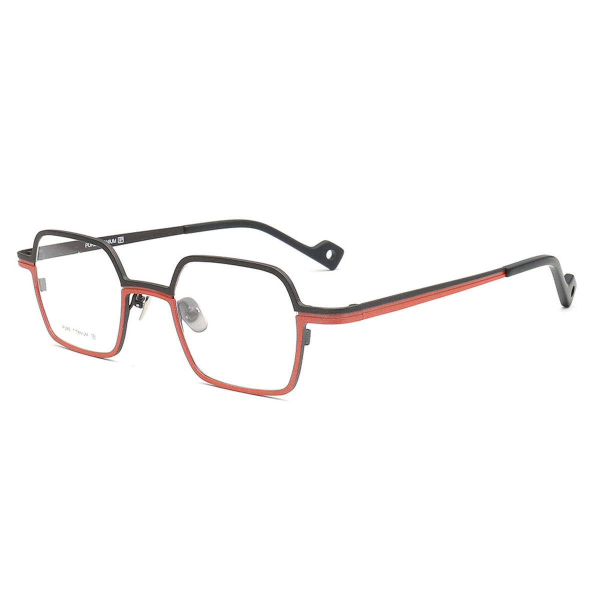 small square titanium glasses black red side view