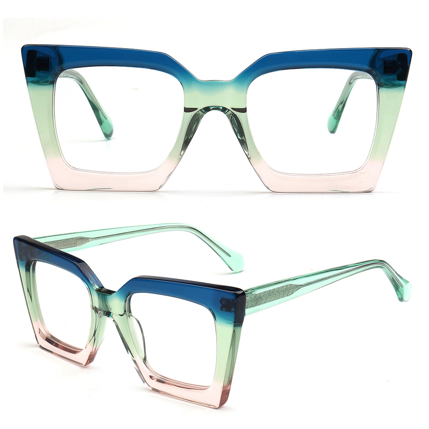 Gradient blue to green eyeglasses on a white background