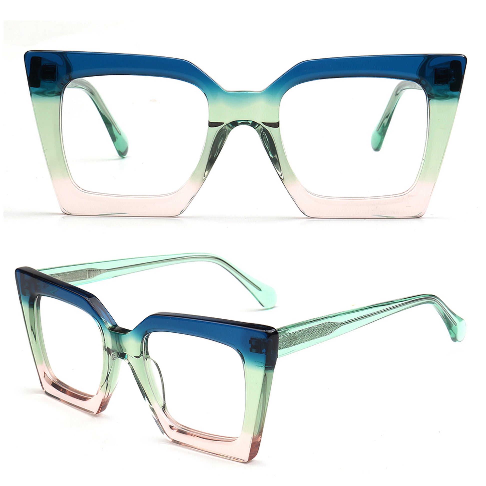 Gradient blue to green eyeglasses on a white background