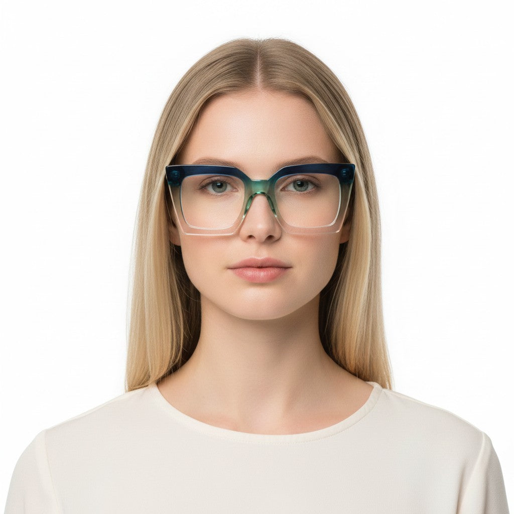 Woman wearing square glasses with a white background