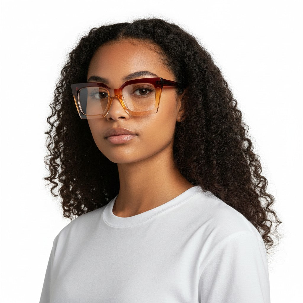 Woman wearing oversized square glasses with a white background