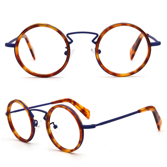 Retro Round eyeglasses with tortoiseshell frame and blue accents