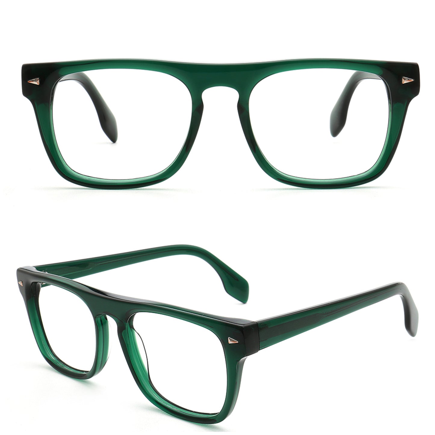 Two views of a pair of square-framed eyeglasses with translucent dark green acetate frames and clear lenses, shown on a white background.