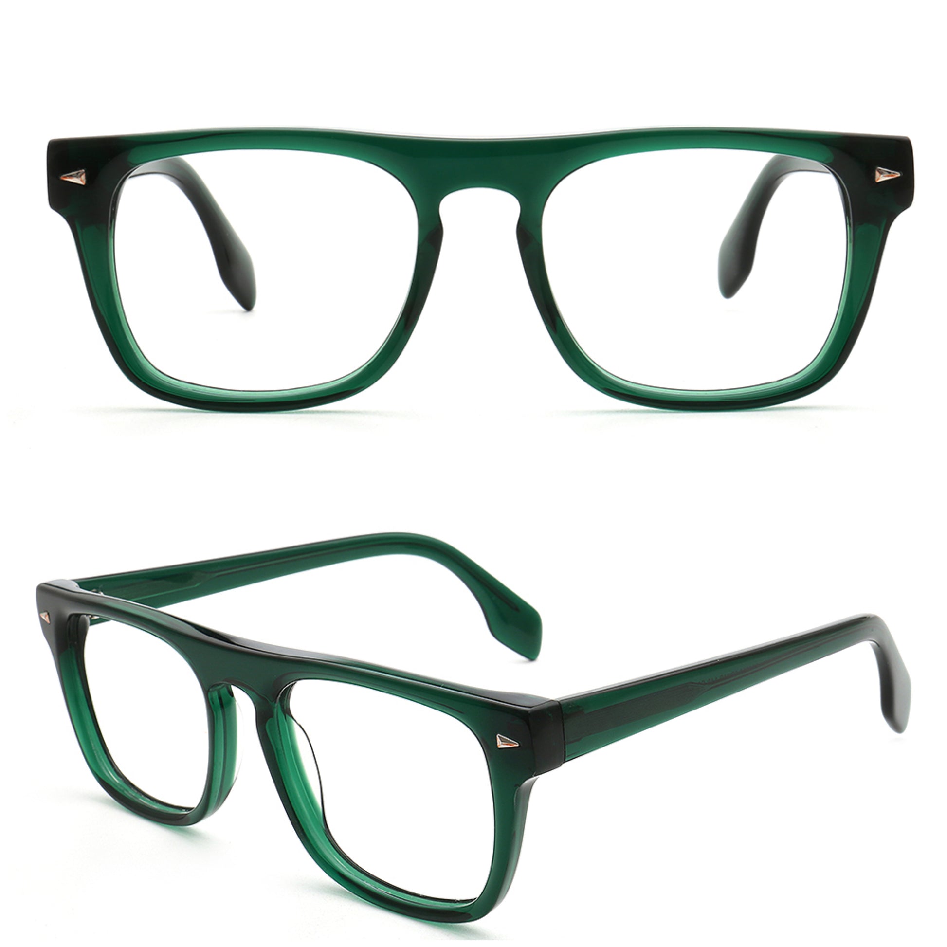 Two views of a pair of square-framed eyeglasses with translucent dark green acetate frames and clear lenses, shown on a white background.