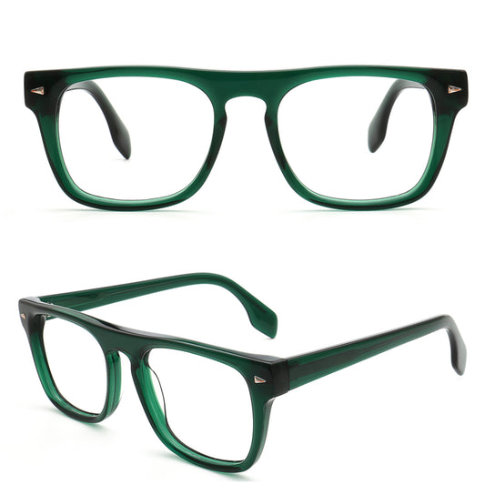 Two views of a pair of square-framed eyeglasses with translucent dark green acetate frames and clear lenses, shown on a white background.