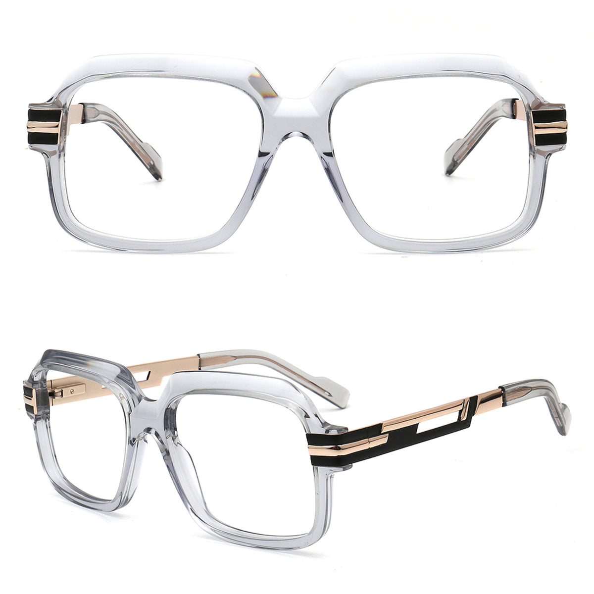 a pair of oversized square eyeglasses with a translucent grey frame, rose gold metal accents, and black temple tips