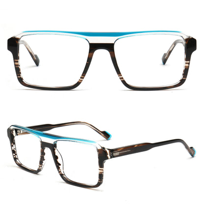Two views of a pair of square-framed eyeglasses on a white background. The frames feature a marbled tortoiseshell pattern in brown and black, with a bright blue accent strip across the top and temples.