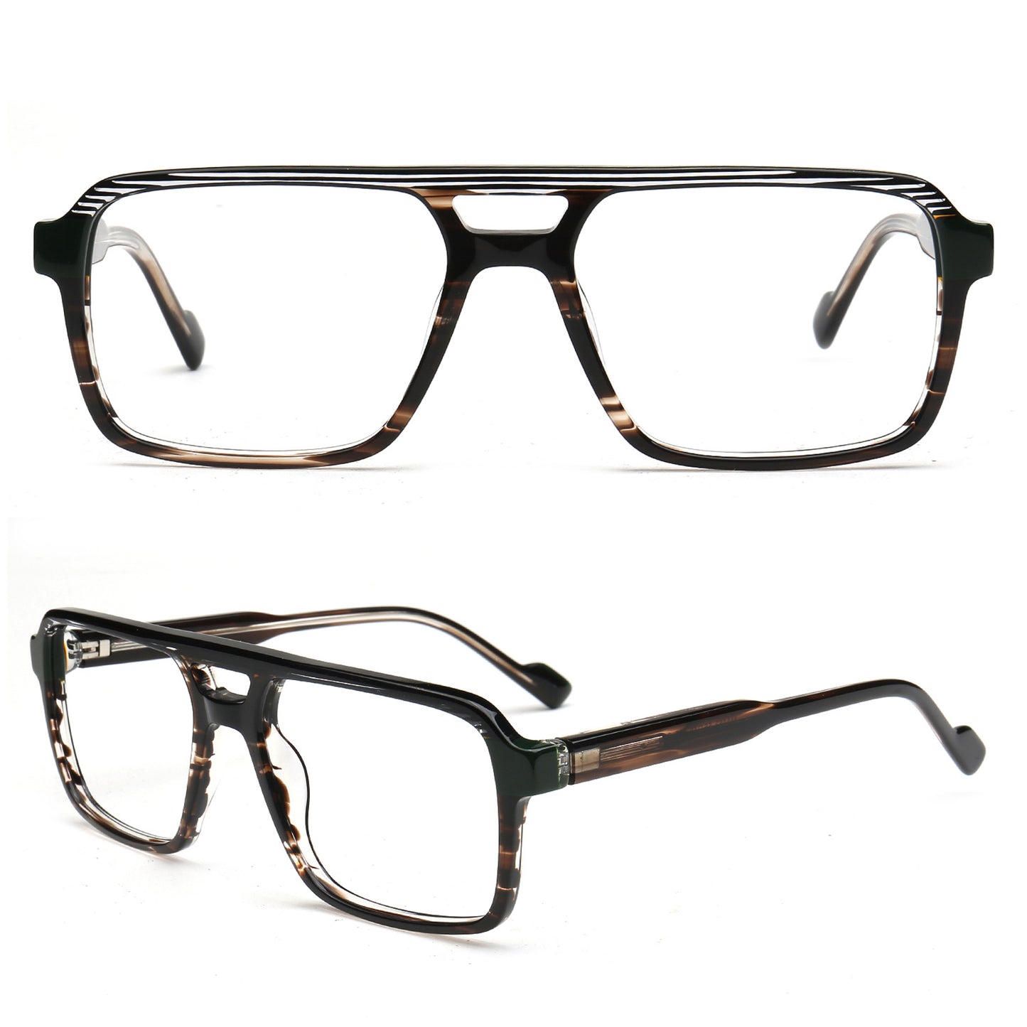Two views of a pair of oversized square eyeglasses with a dark tortoiseshell frame and clear lenses, shown on a plain white background.