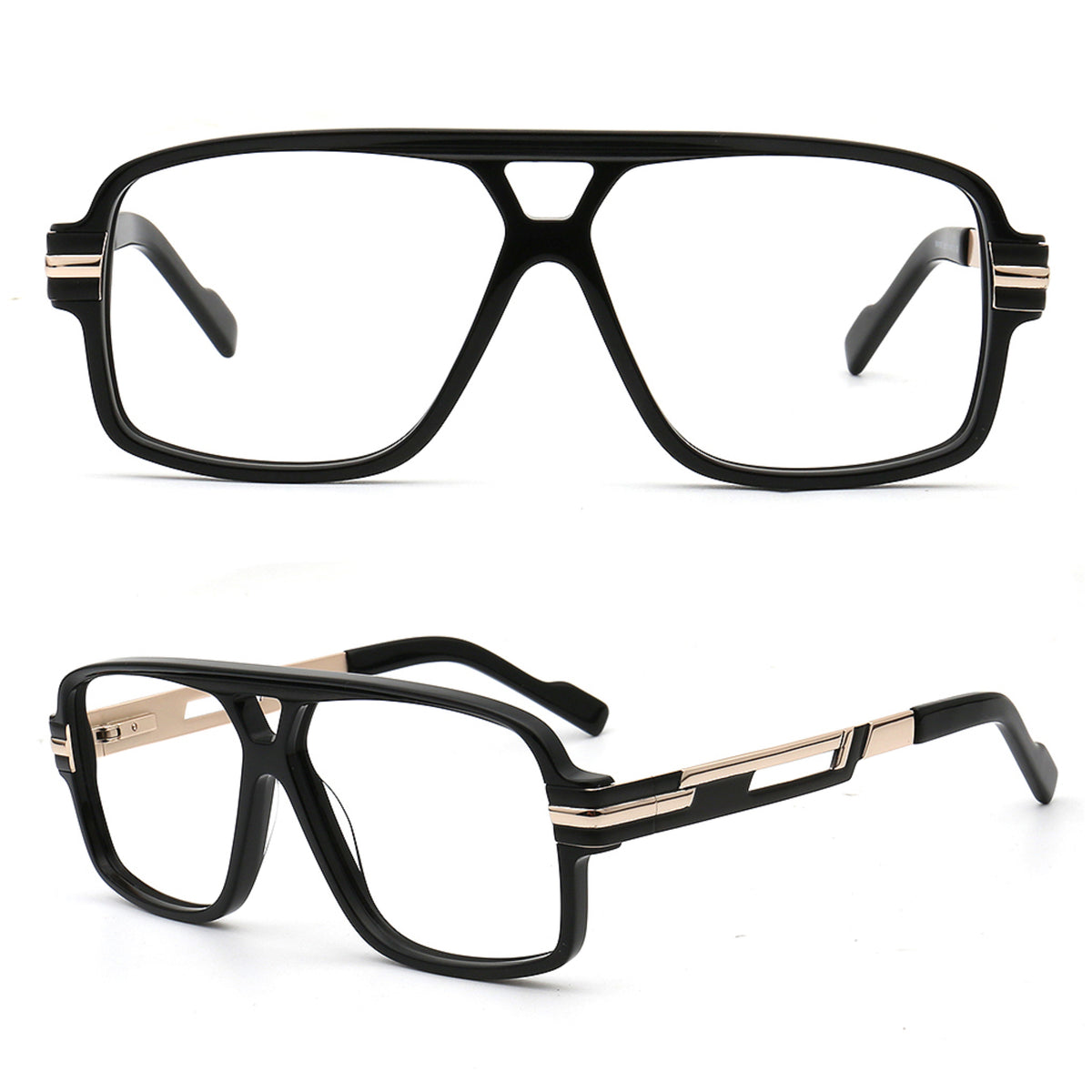 black oversized double bridge square eyeglasses front and side views