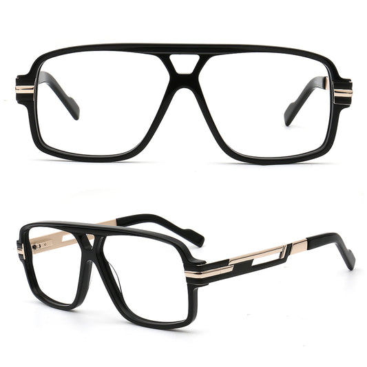 black oversized double bridge square eyeglasses front and side views