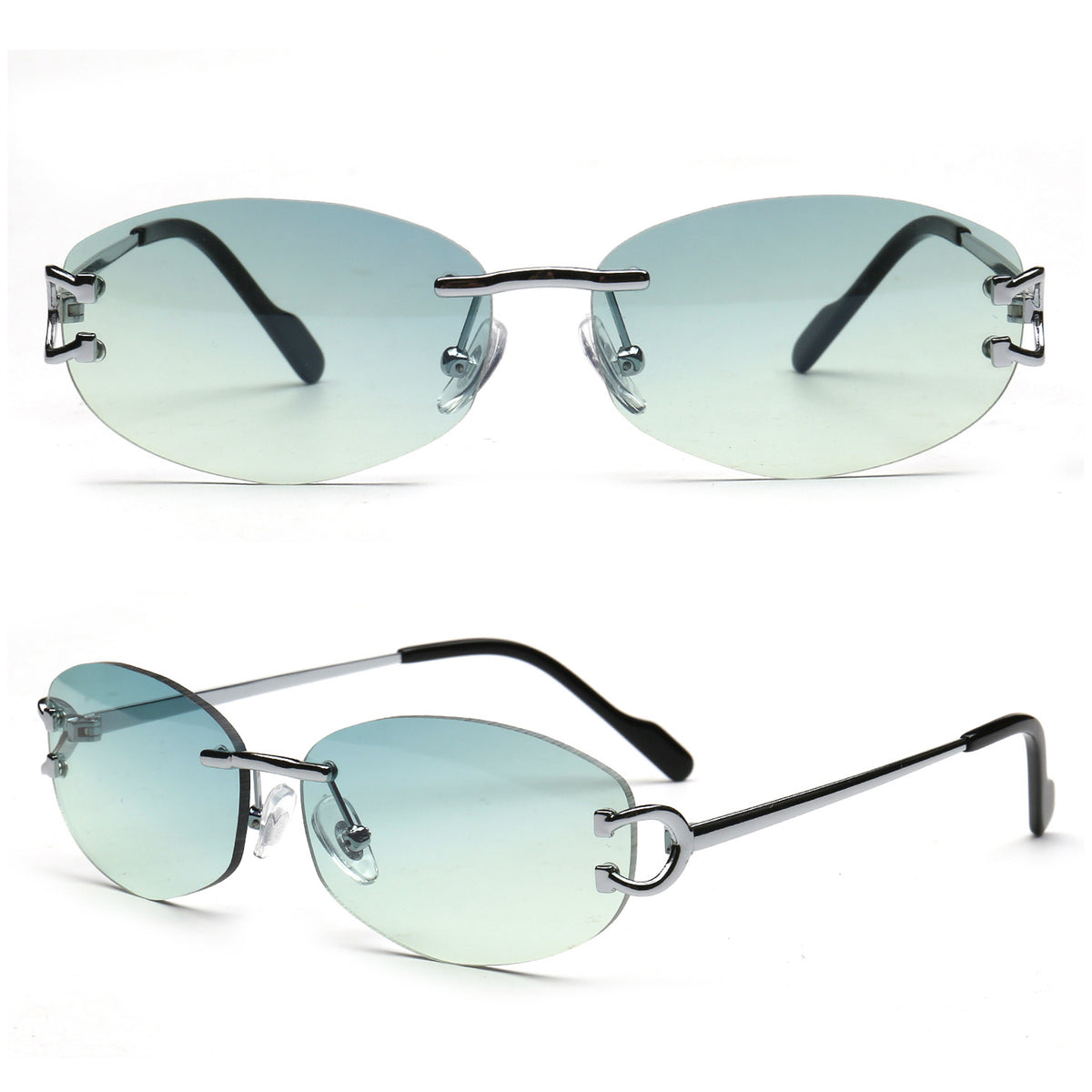 Two views of rimless sunglasses with oval light blue-green gradient lenses and thin silver metal frames with black temple tips, shown on a white background.