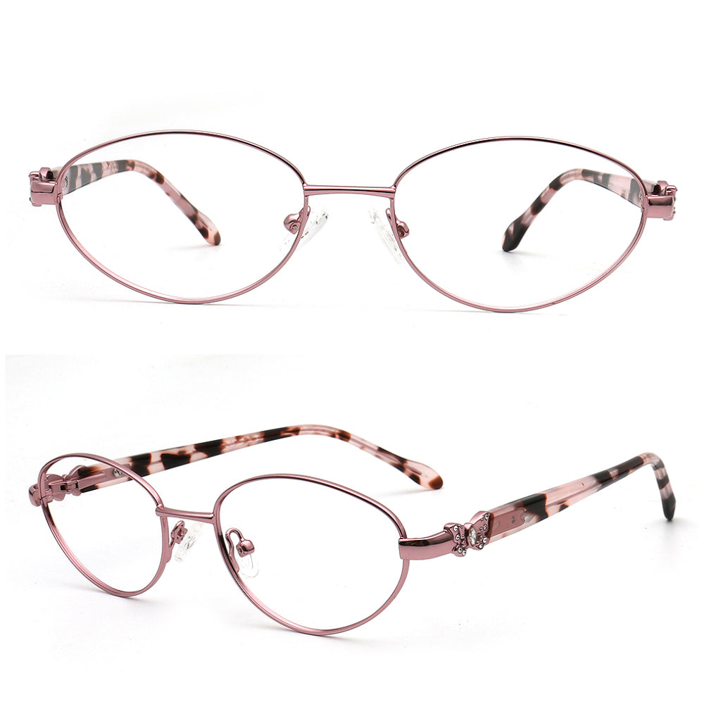 Pair of pink eyeglasses with decorative arm patterns on a white background
