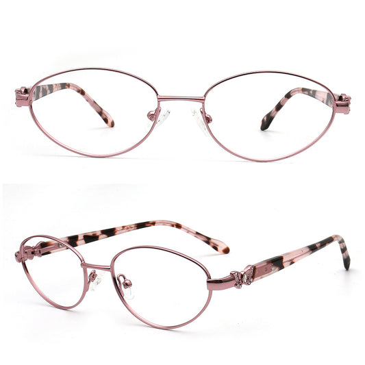 Pair of pink eyeglasses with decorative arm patterns on a white background