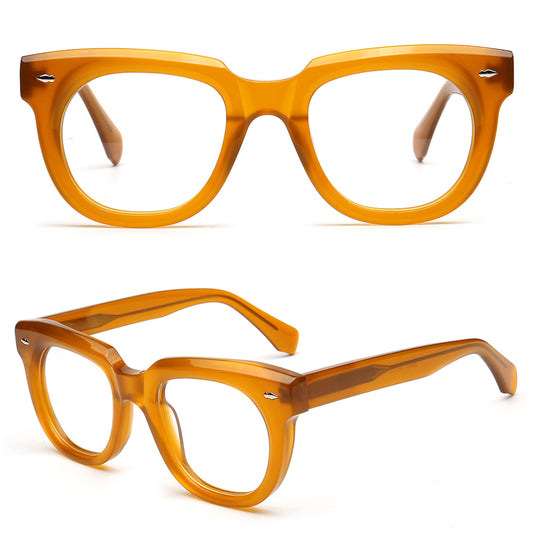 Two views of translucent amber-orange acetate eyeglass frames on a white background, one shown from the front and the other from the side.