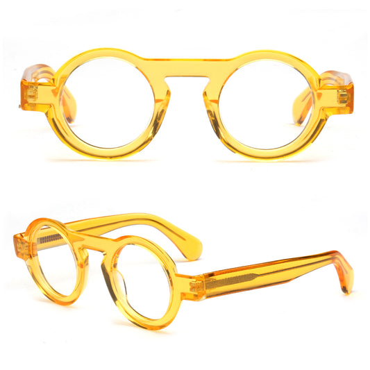 Two views of round-framed eyeglasses with translucent amber yellow plastic frames and clear lenses, shown on a plain white background.