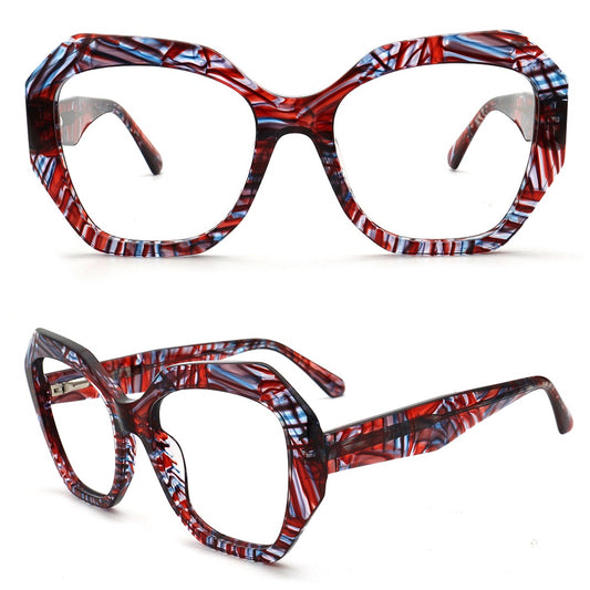 red geometric eyeglass frames for women