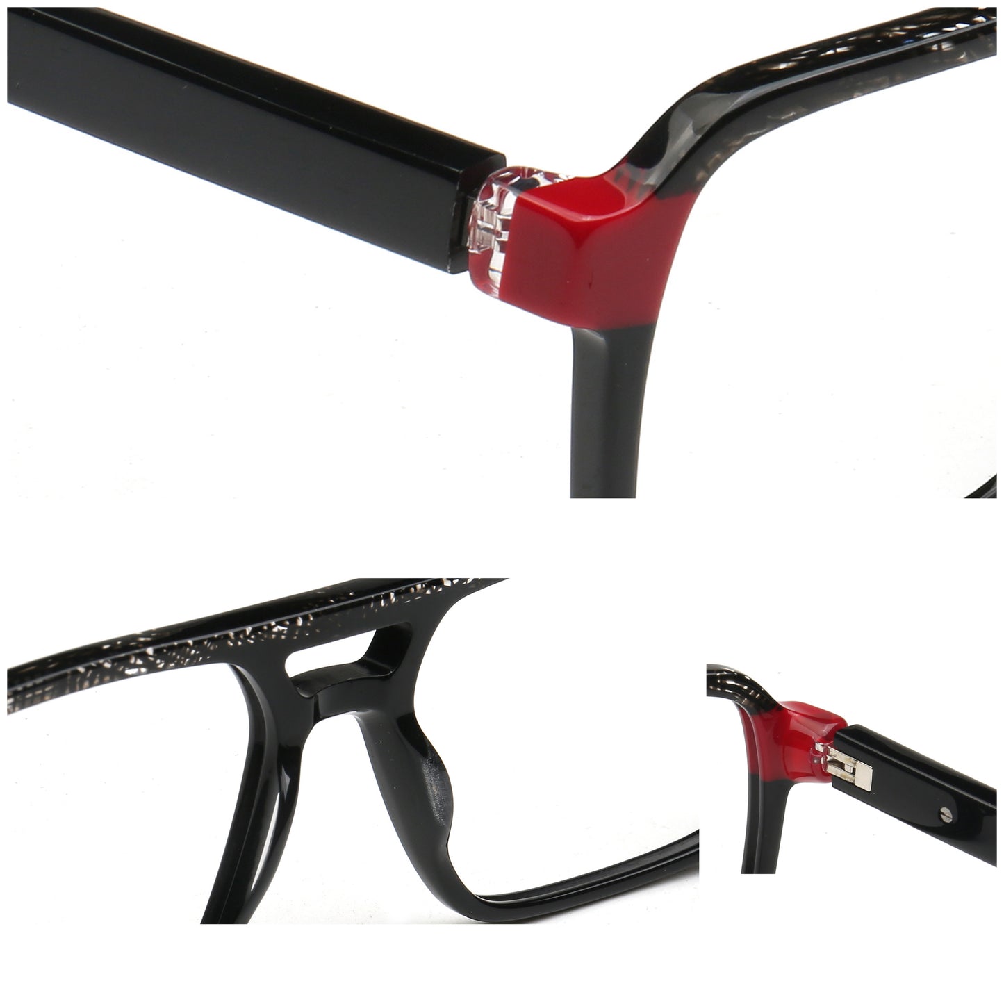 Close-up views of black eyeglass frames with a glossy red hinge accent and silver rhinestone detailing, shown on a white background.