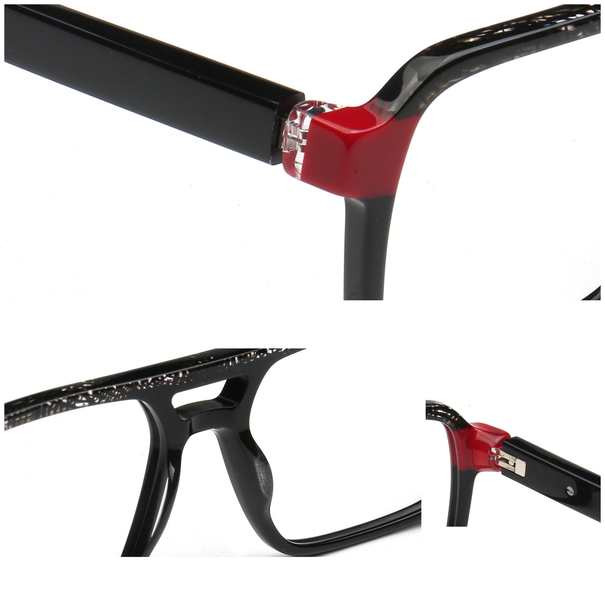 Close-up views of black eyeglass frames with a glossy red hinge accent and silver rhinestone detailing, shown on a white background.