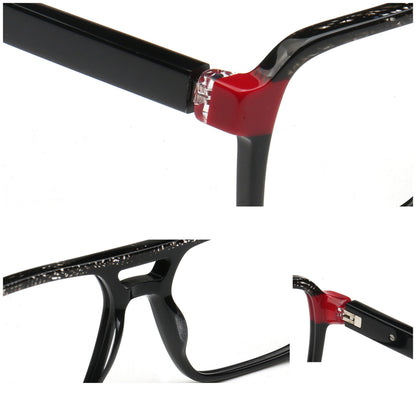 Close-up views of black eyeglass frames with a glossy red hinge accent and silver rhinestone detailing, shown on a white background.