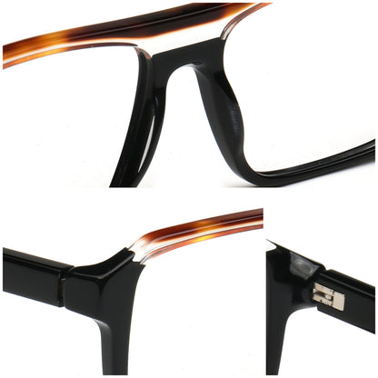 Close-up views of eyeglass frames showing a glossy black front with a warm tortoiseshell brow, plus details of the hinge and inner temple arm on a white background.